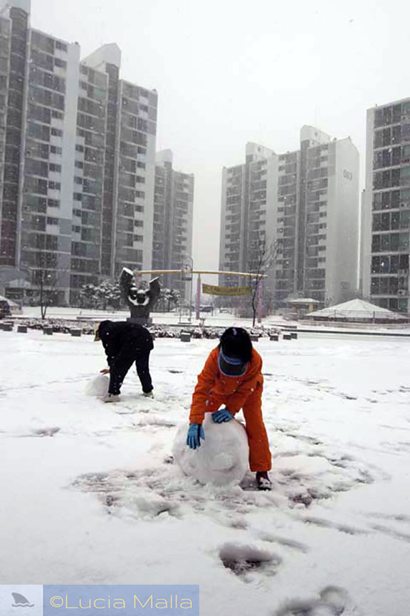 Crianças brincando na neve - Coréia do Sul