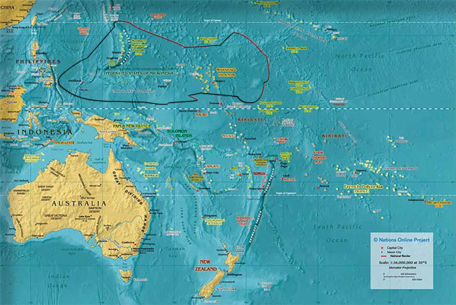 Mapa do santuário dos tubarões protegidos da Micronésia