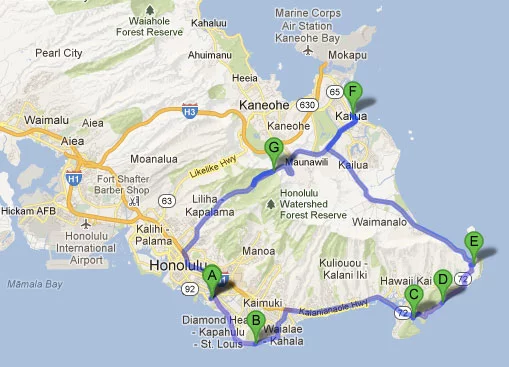 Mapa do roteiro dia 1 - Dois dias em Oahu