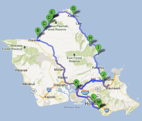 Mapa do roteiro dia 2 - Dois dias em Oahu