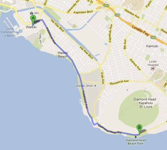 Mapa do roteiro dia 1 - Dois dias em Oahu