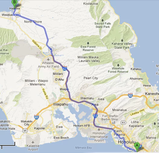 Mapa - Waikiki ao North Shore de Oahu