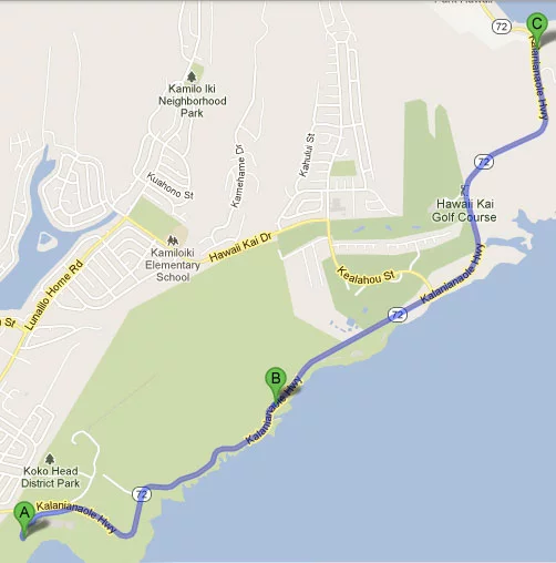 Mapa do roteiro dia 1 - Dois dias em Oahu