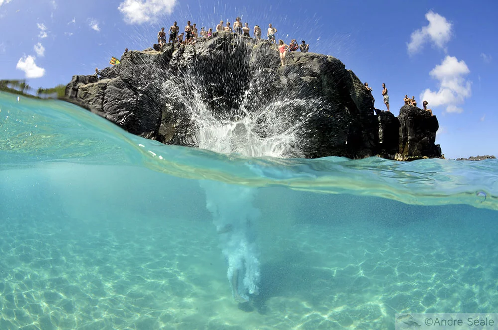 Pular da pedra em Waimea Bay - North Shore de Oahu - Havaí